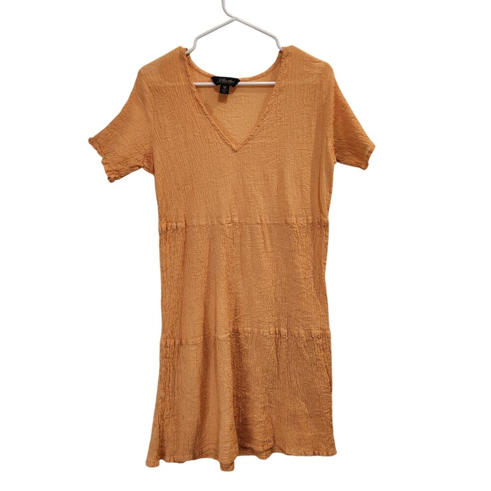 Stillwater Supple Co. Orange Crinkle Casual V-Neck Tiered T-Shirt Dress Medium